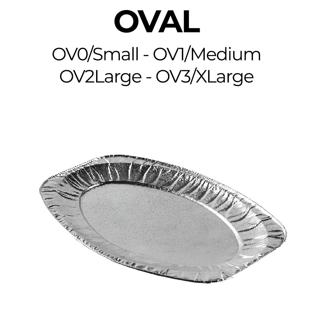 Oval-shaped disposable plate with size classification labels on a white background