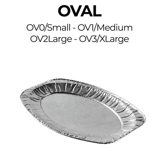 Oval-shaped disposable plate with size classification labels on a white background