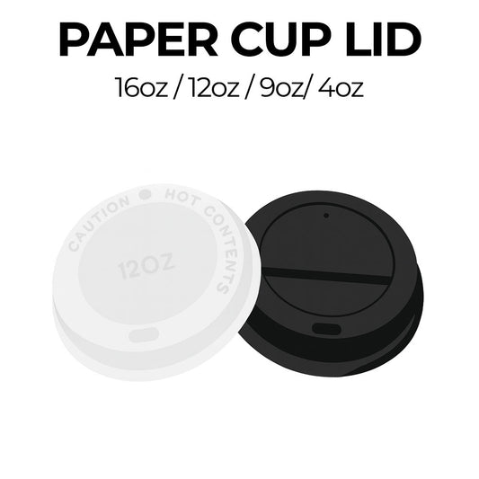 White and black paper cup lids with size indicators on a white background