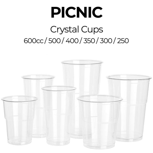 Set of clear plastic cups with varying capacities on a white background, labeled 'PICNIC Crystal Cups'.