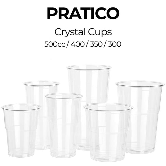 Clear plastic cups with 'Pratico' branding and cup sizes listed on a white background.