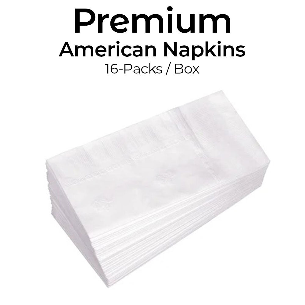 Stack of white napkins with text 'Premium American Napkins 16-Packs/Box' on a white background