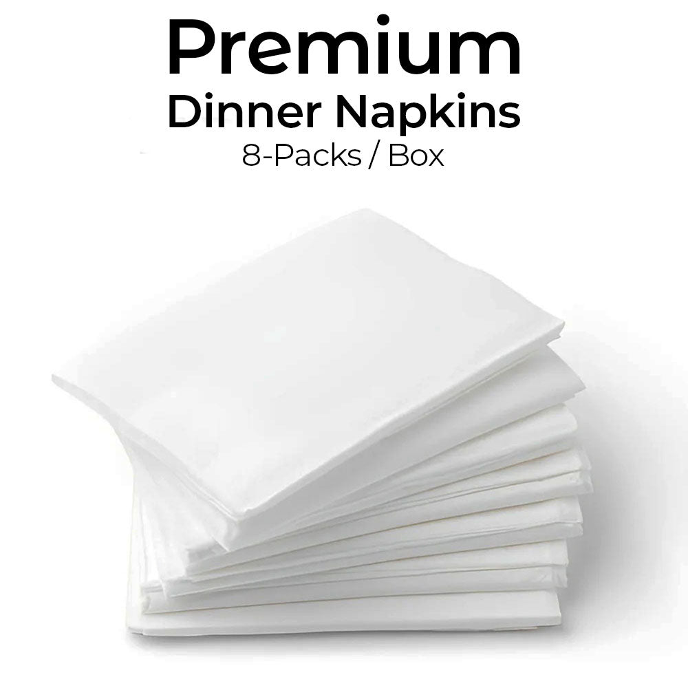 Stack of white dinner napkins with 'Premium Dinner Napkins 8-Packs/Box' text on a white background