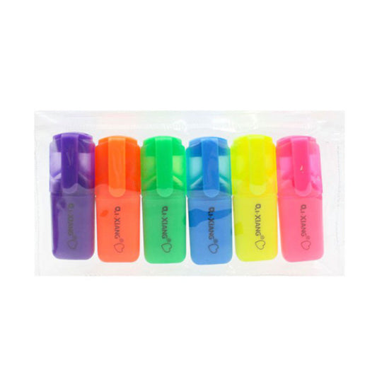 Set of six colorful mini highlighters in a clear plastic case on a white background