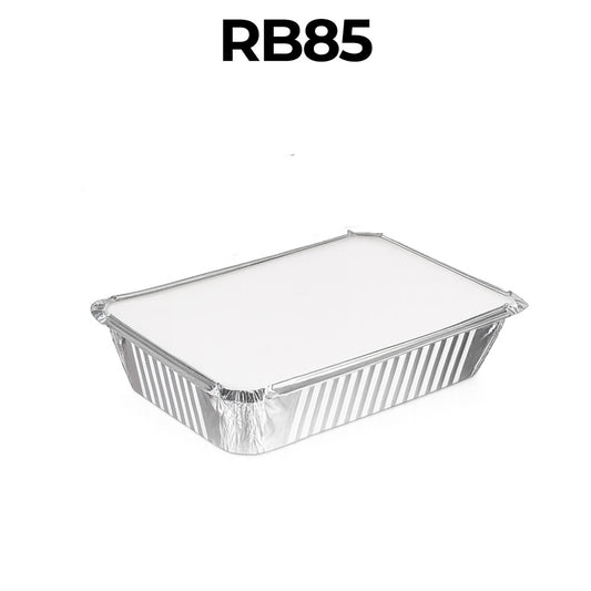 Rectangular aluminum food container with a clear lid on a white background, labeled RB85.