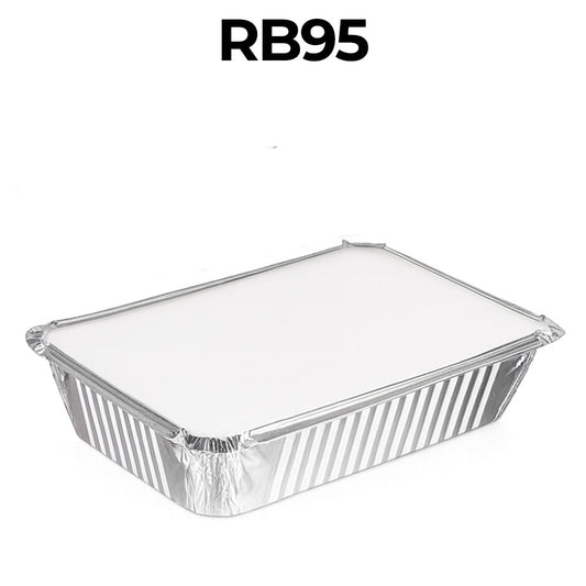 Rectangular aluminum food container with a clear lid on a white background, labeled RB95.