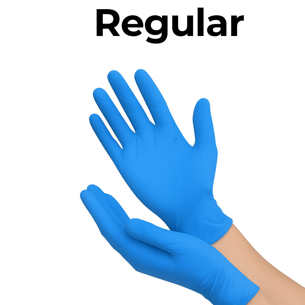 Pair of blue gloves on a white background with 'Regular' text above.
