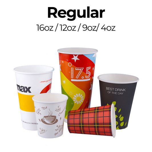 Assorted paper cups with different designs and capacities on a white background