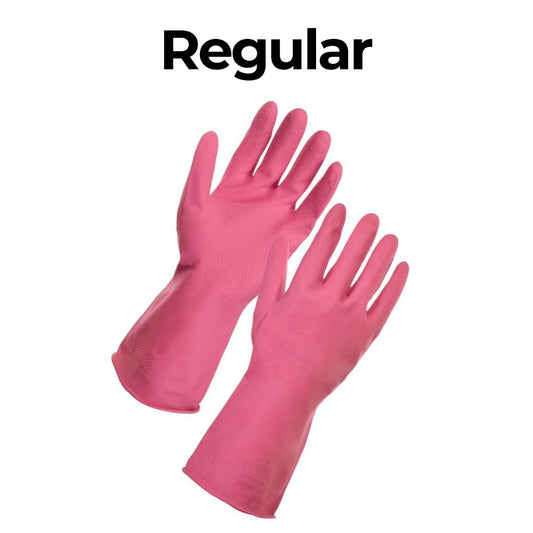 Pair of pink gloves labeled 'Regular' on a white background