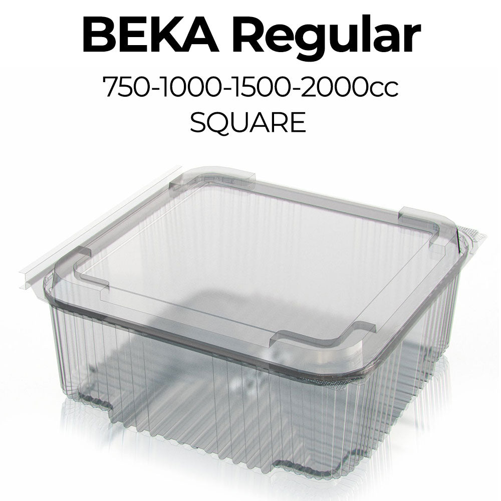 Clear plastic container with Beka branding and volume specifications on a white background