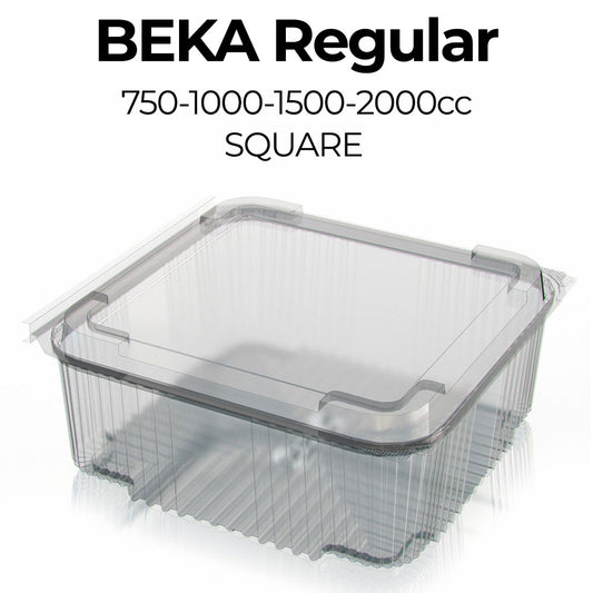Clear plastic container with Beka branding and volume specifications on a white background