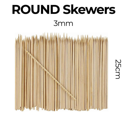 Pack of round skewers with dimensions on a white background