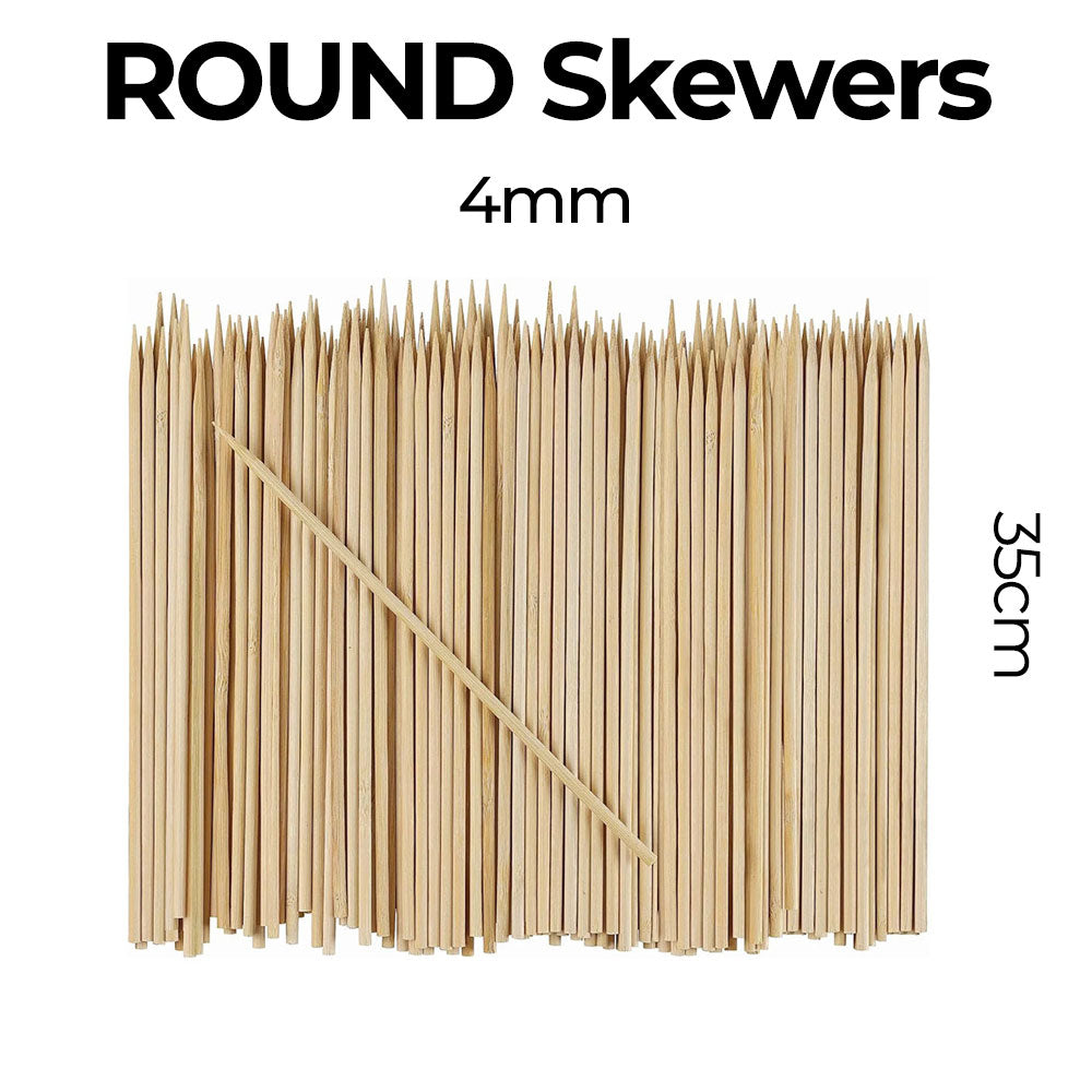 Pack of round skewers with dimensions labeled on a white background