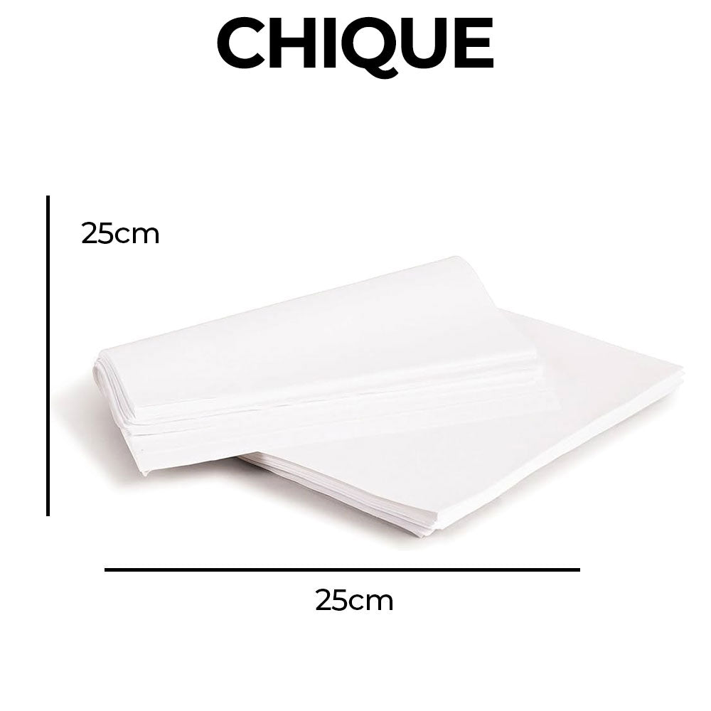 White rectangular plates with dimensions and 'CHIQUE' branding on a white background