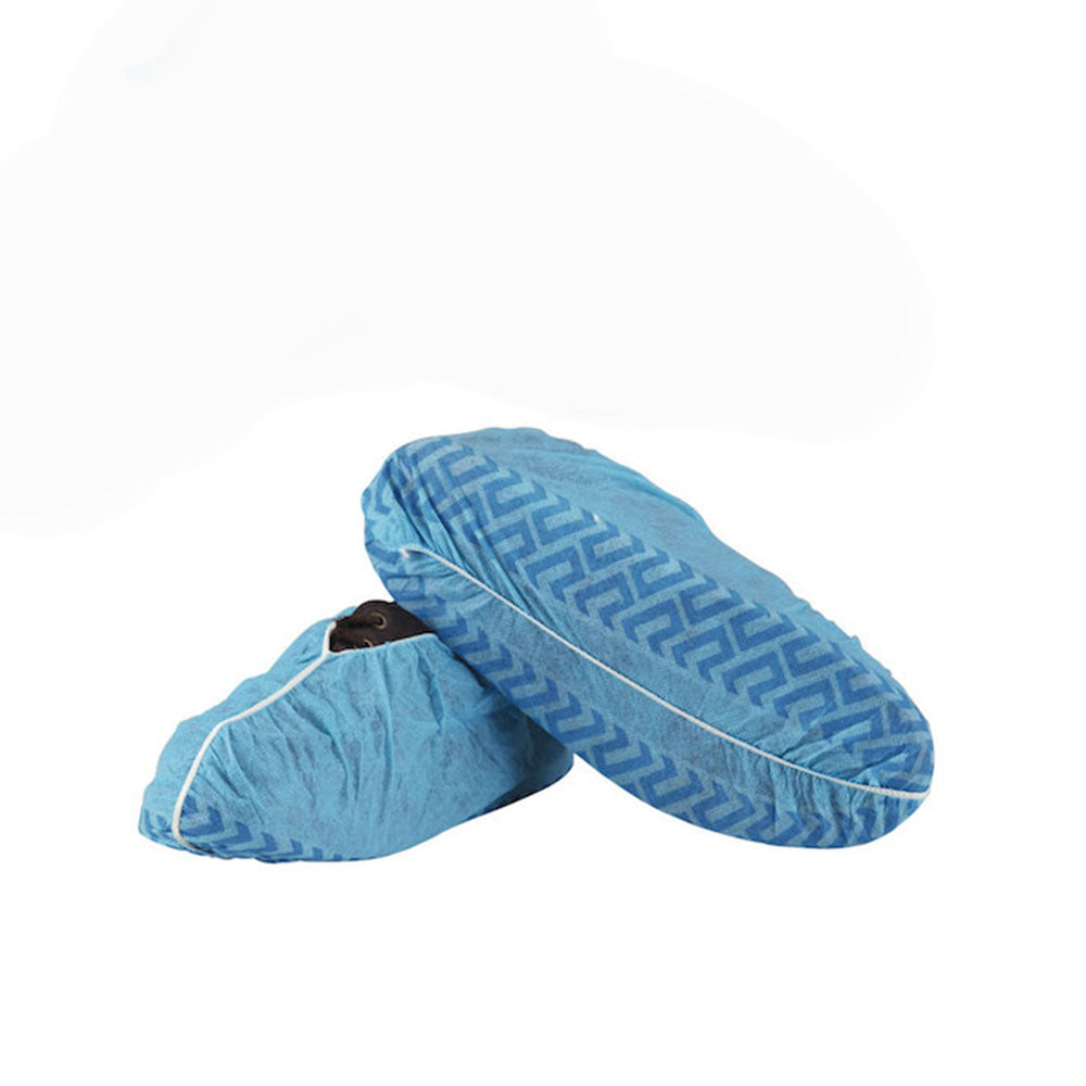 Blue shoe covers with a textured pattern on a white background