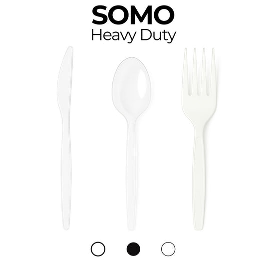 Heavy-duty plastic cutlery set with 'SOMO' branding on a white background