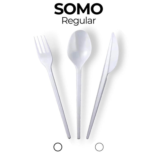 White plastic fork, spoon, and knife set on a white background with 'SOMO' branding.