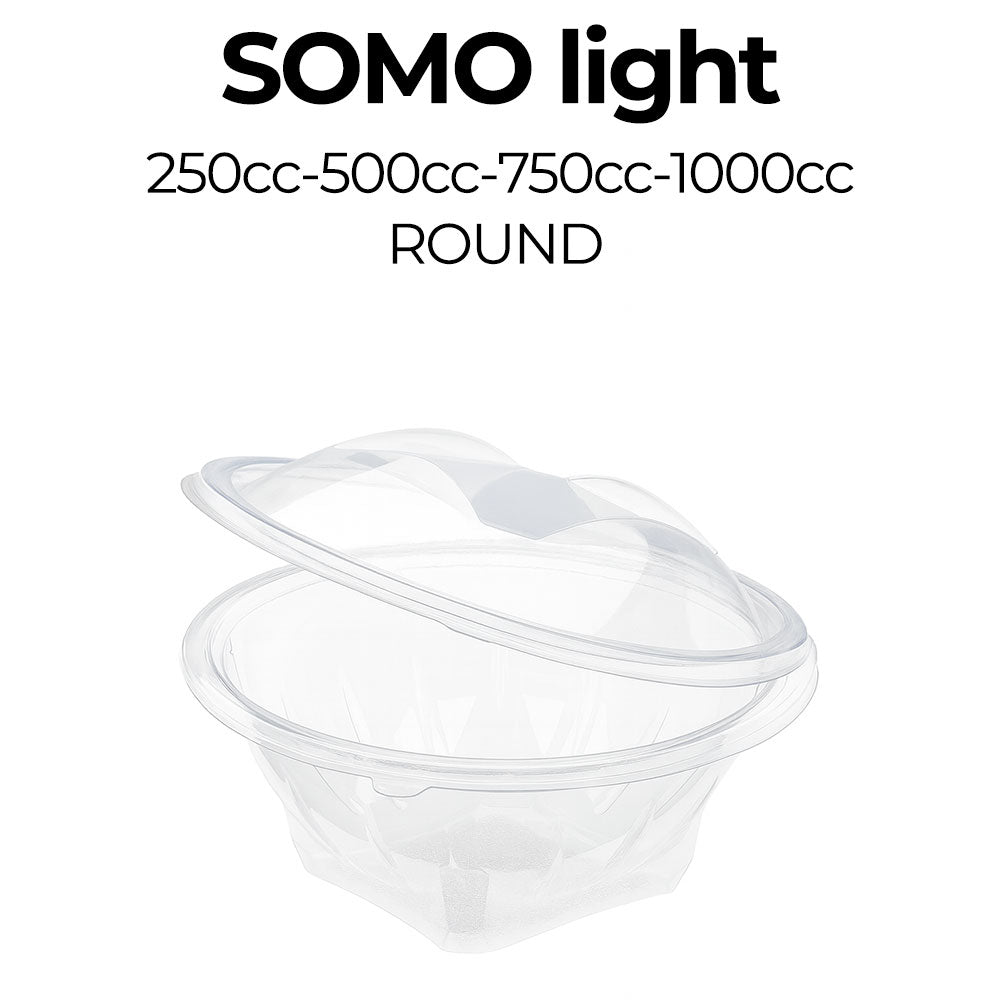 Clear plastic round container with lid on a white background, featuring 'SOMO light' branding.