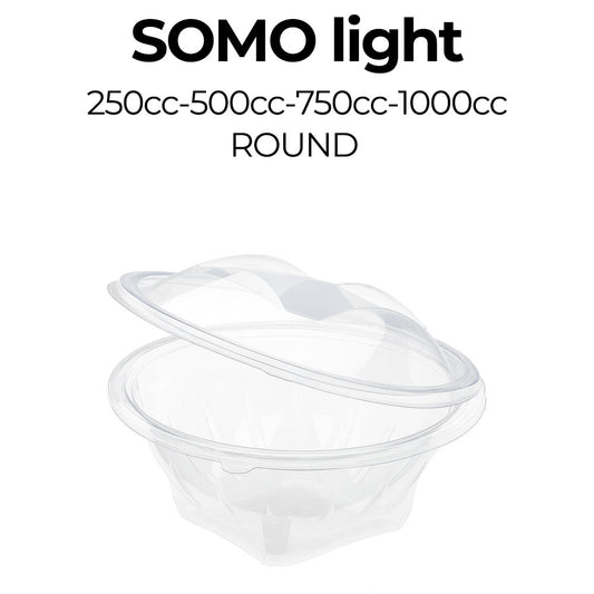 Clear plastic round container with lid on a white background, featuring 'SOMO light' branding.