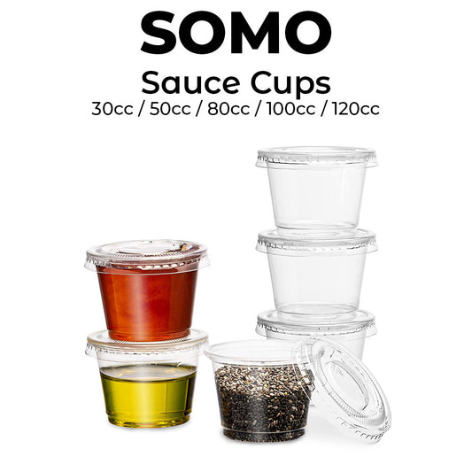 SOMO sauce cups with different capacities filled with various substances on a white background