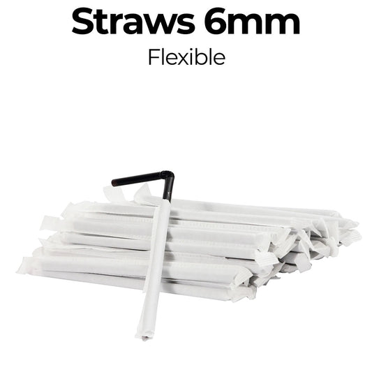 Pack of white straws with a black handle on a white background, labeled 'Straws 6mm Flexible'.