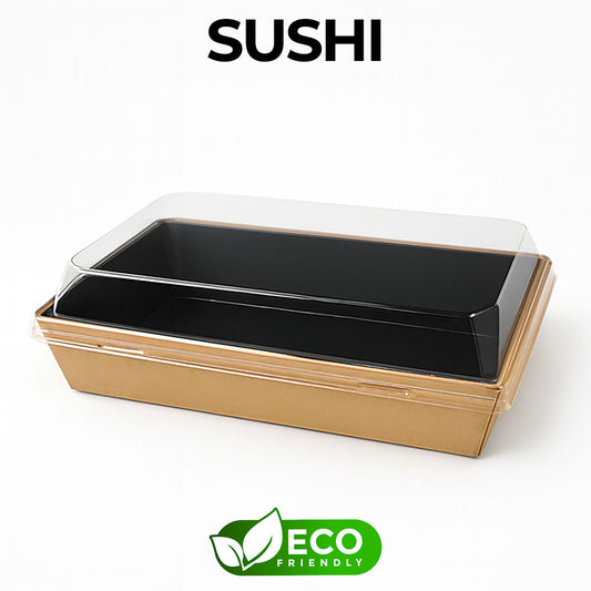 Bamboo sushi container with clear lid on a white background, featuring 'SUSHI' text and an eco-friendly logo.