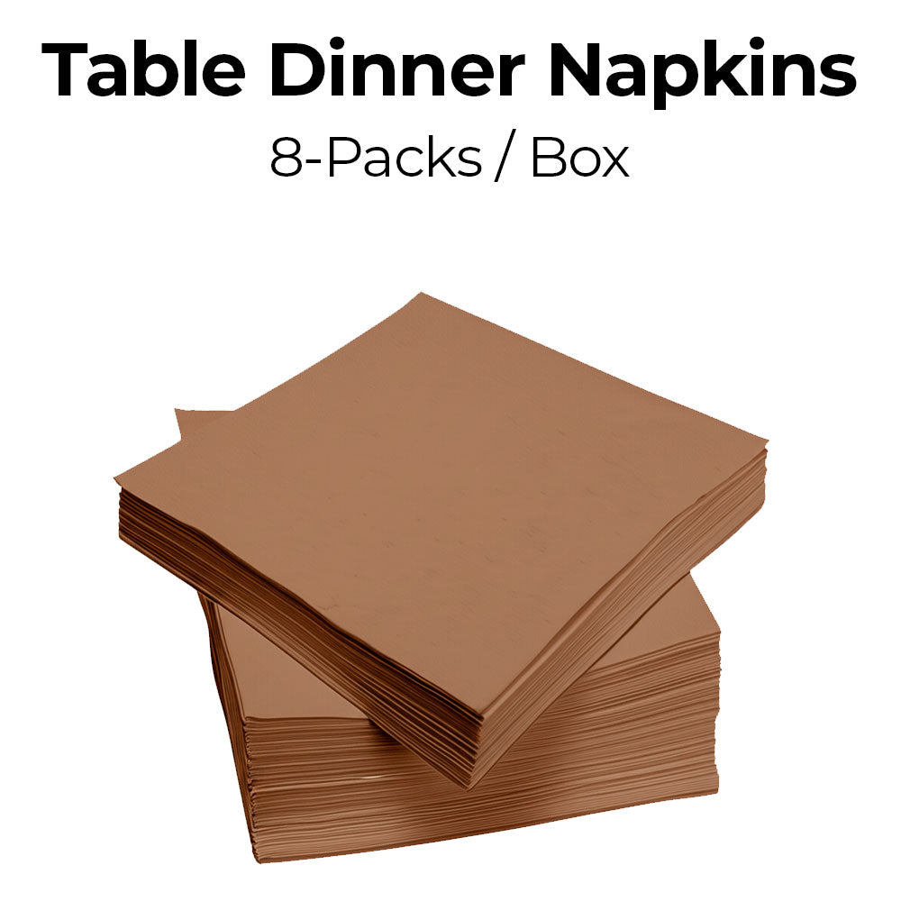 Stack of brown table dinner napkins with text indicating 8-packs per box on a white background.