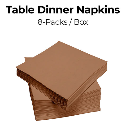 Stack of brown table dinner napkins with text indicating 8-packs per box on a white background.