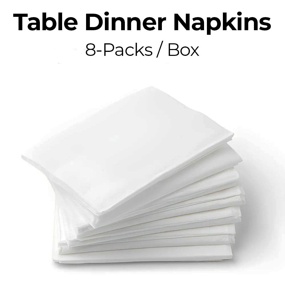 Stack of white table dinner napkins with text indicating 8-packs per box on a white background