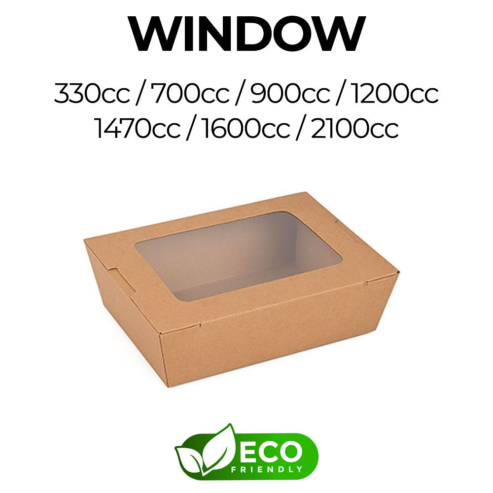 Kraft paper box with a window and eco-friendly label on a white background